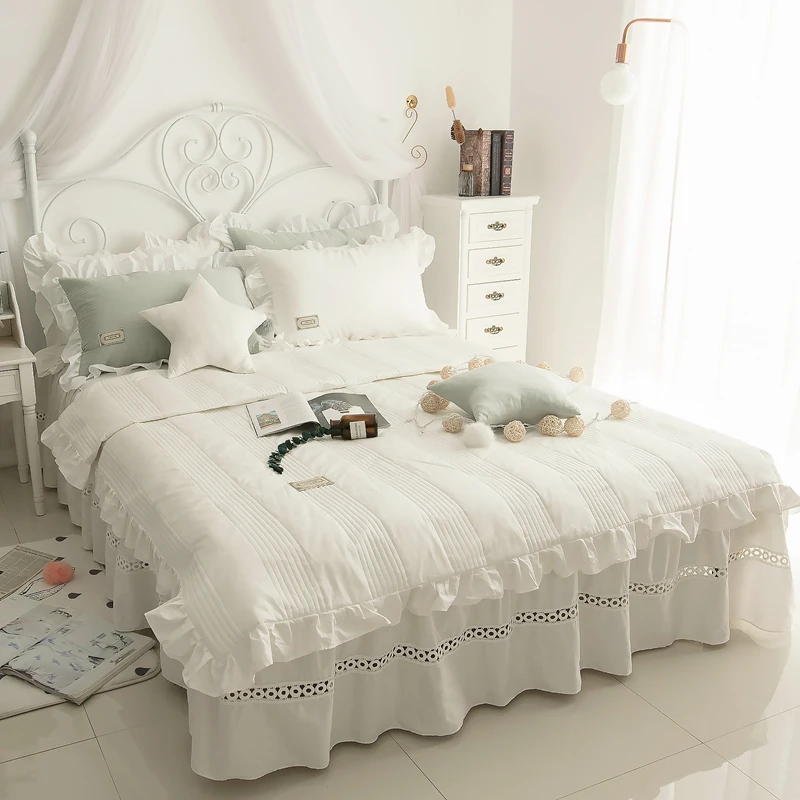 Quilted Summer Quilt White Princess Style Bed Four-Piece Set All Cotton Pure Cotton Quilt Cover Girl Heart Nordic Instagram