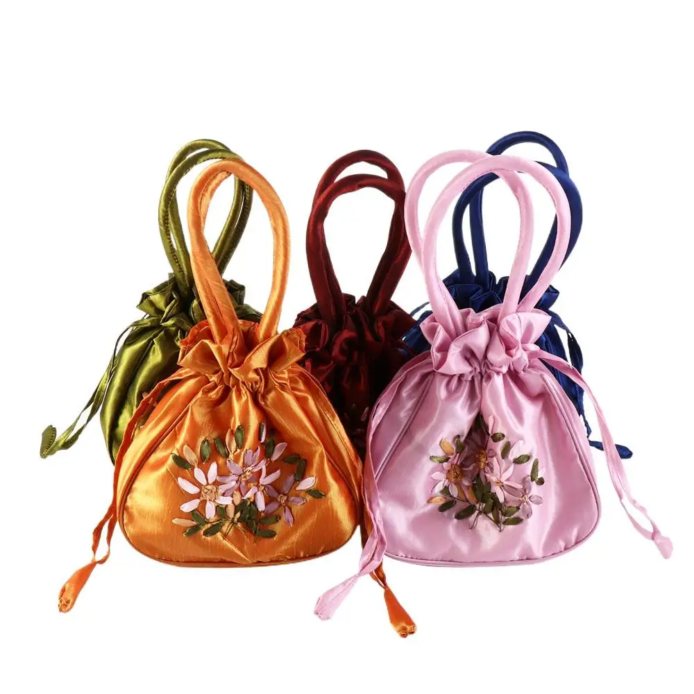 Hanfu bolso de seda satinada portátil con cordones, bolso de mano con bordado de flores, estilo étnico de hojas, bolso de almuerzo coreano, monedero pequeño, billetera de viaje