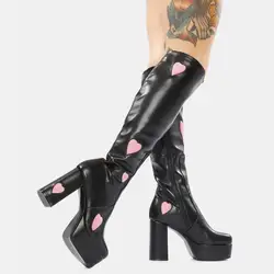 RIBETRINI Brand Design Candyfloss Love Heart Print Mid Calf Boots Zip Platform Block Heels Chunky Trendy Shoes Woman Big Size 43