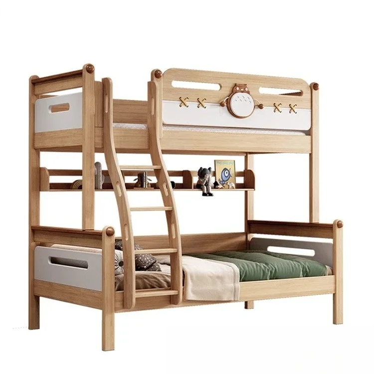 

All solid wood cartoon upper and lower beds, small apartment rubber wood, children's bed and mother