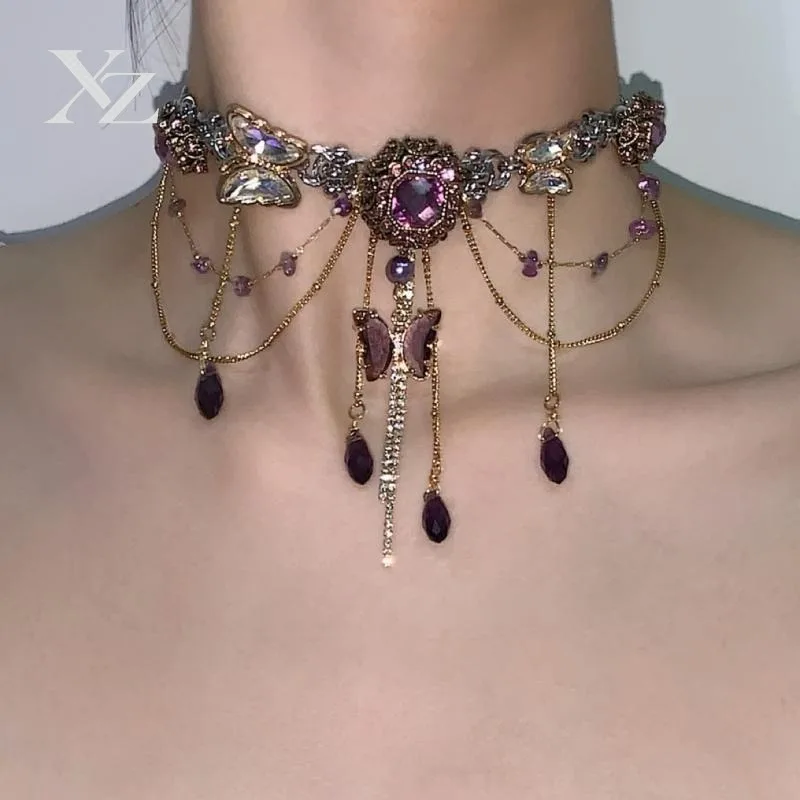 High Quality Amethyst Retro Butterfly Necklace Multi-layer Tassel Rhinestone Titanium Steel for Tea Break Dance Party