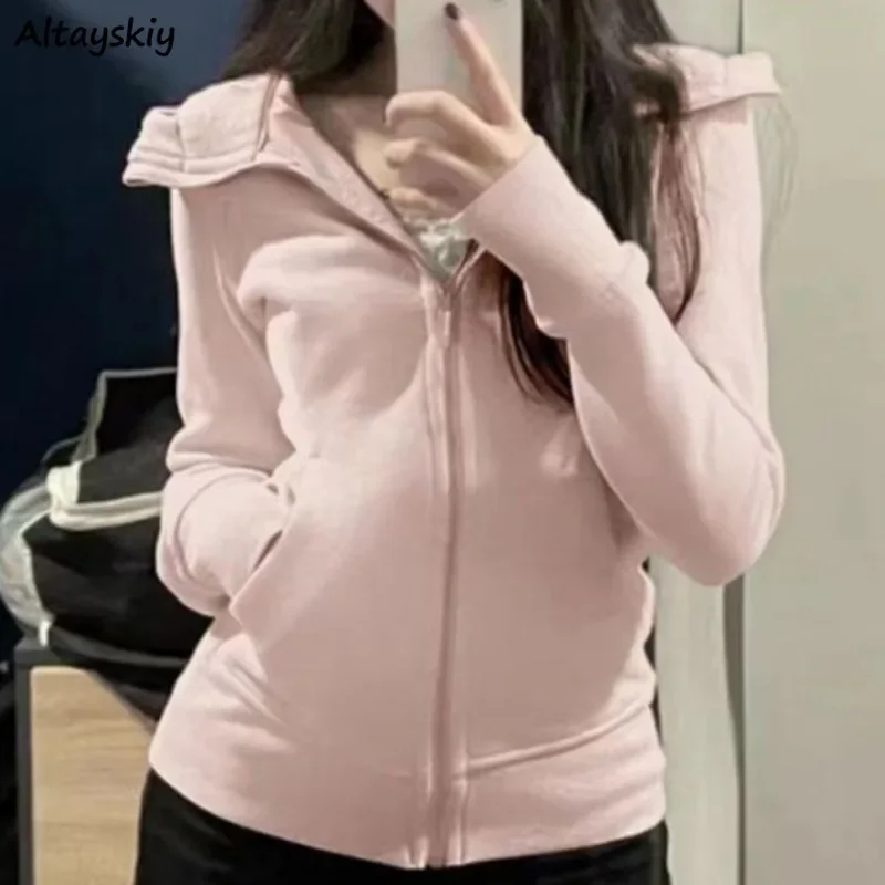 Hooded Jackets for Women Long Sleeve All-match Young Girls Spring Autumn Clothing Fashion Korean Style Ins Solid Zipper Slim