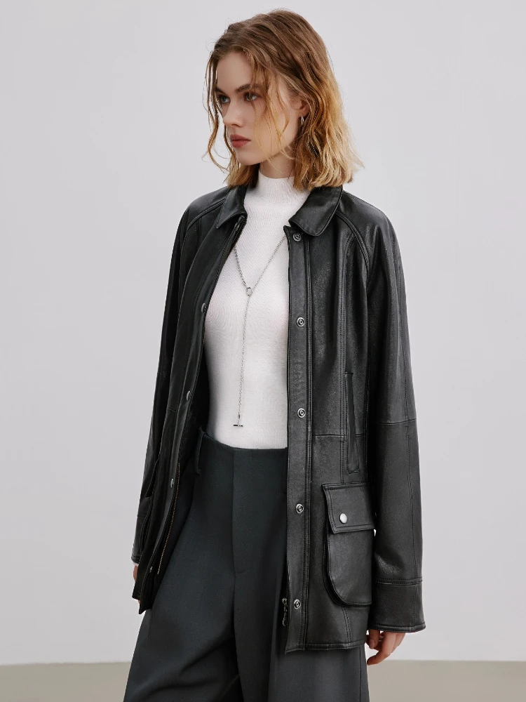 Chaquetas tipo Cargo Vintage ajustadas de cuero genuino para mujer primavera otoño 2025 abrigo de piel de oveja auténtica negro suave clásico Simple de gama alta