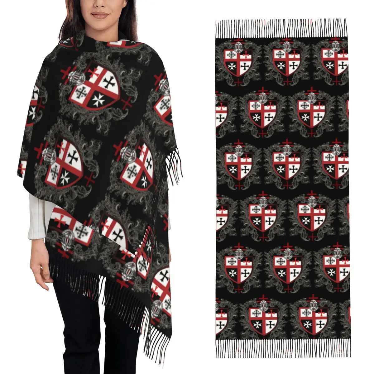 Knights Templar Cross Shield Symbol Medieval Sword Emblem Secret Order Scarf Tassel Scarves Shawls and Wraps Large Shawl Wrap