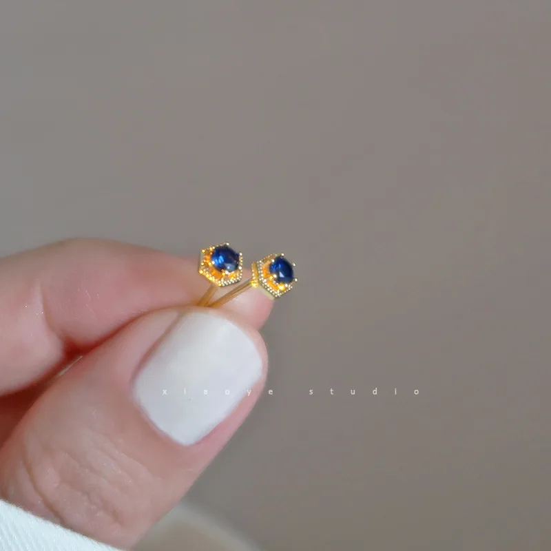 VOQ Silver Color Korean Blue Zircon Geometric Small Stud Earrings for Women 14k Gold Plated Simple Chic Jewelry Jewelry