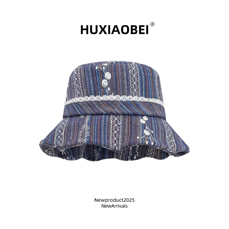 

Japanese Retro Niche Colorful Striped Bucket Hat Women Spring and Summer Embroidery Flower Lace Sunshade Panama Bob Cap Gorras