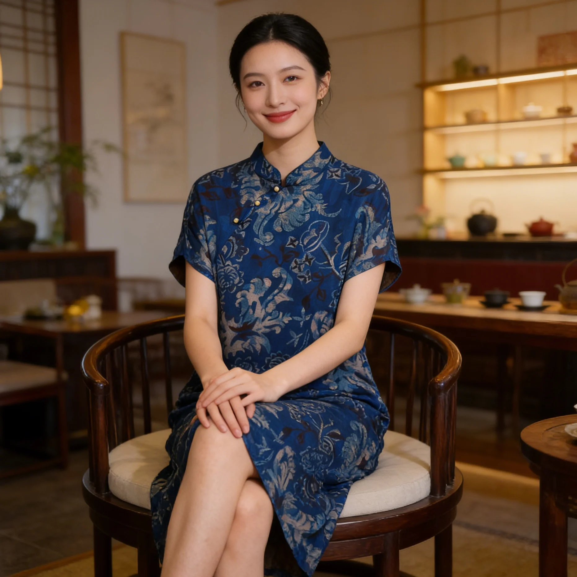 

Сине-белое шелковое платье из фарфорового шелка с узором Сянъюнь, средней длины, винтажное, дышащее, для повседневной носки