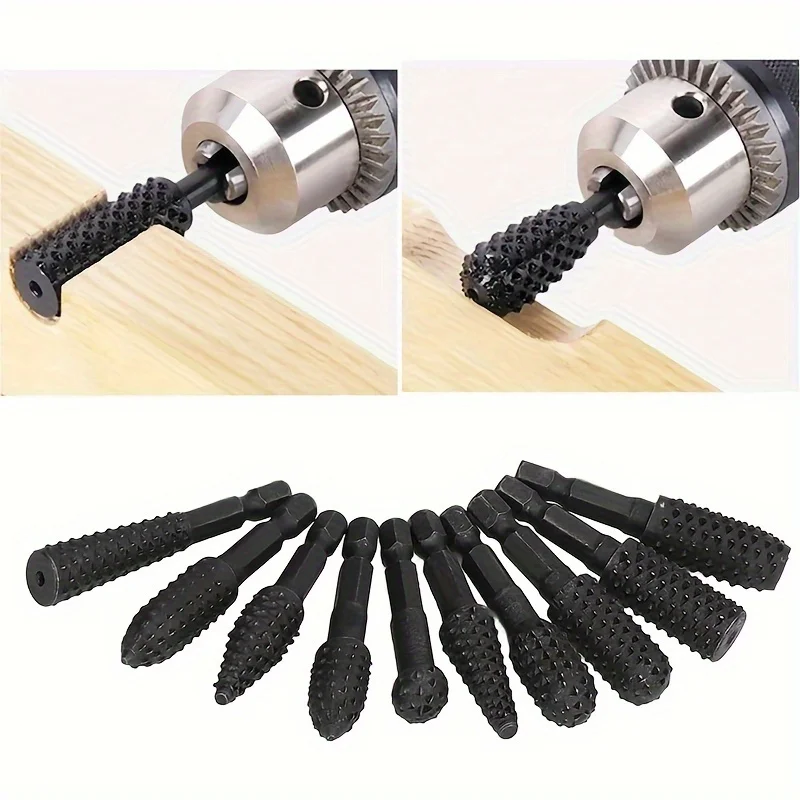 10Pcs Rotary Burr Rasp Set Wood Carving File Rasp Drill Bits 1/4\'\' Hex Shank Rotary Rasp File Set Fit for DIY Woodworking Wood P