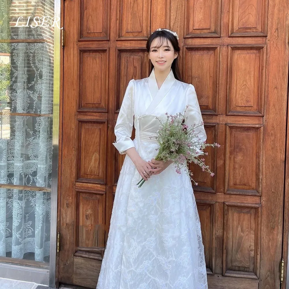 

Liser индивидуальные корейские ханбок трапециевидные свадебные платья платье для фотосессии с v-образным вырезом и длинными рукавами кружевные вечерние платья