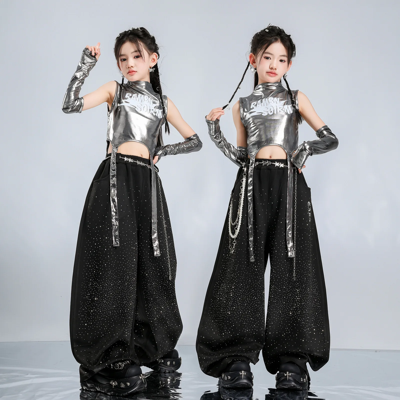 Girls Kpop Sequin Shiny Crop Vest Loose Diamond Pants Child Street Dance Joggers Kids Hip Hop Streetwear Jazz Girl Group Clothes