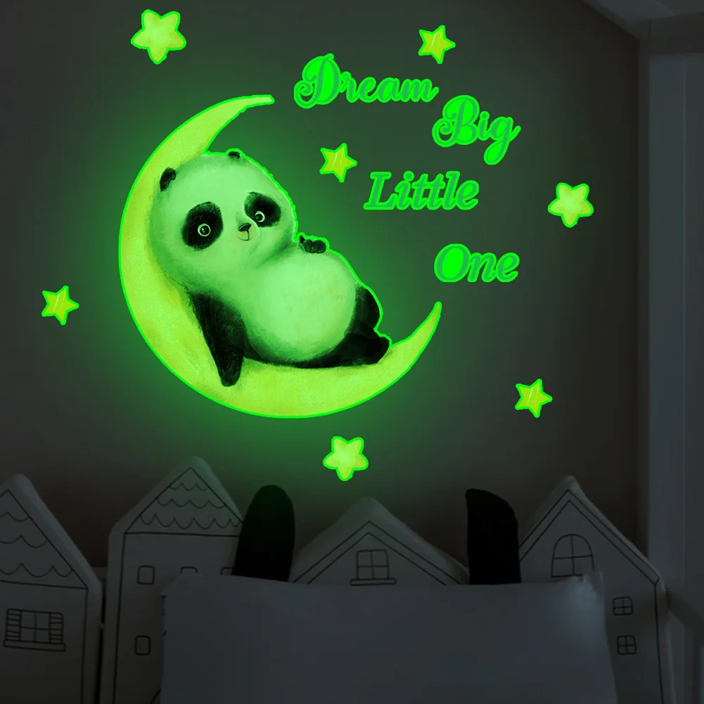 Luminous Cartoon Panda Moon Wall Sticker Kids Room Decor Glow In The Dark Decals Bedroom Home Decoration Self-adhesive Wallpaper