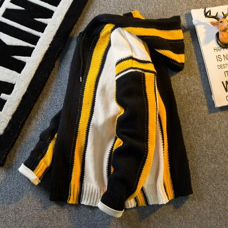 

Мужской вязаный свитер с длинным рукавом, утепленный, с воротником, в полоску, для весны и осени, модный бренд C...