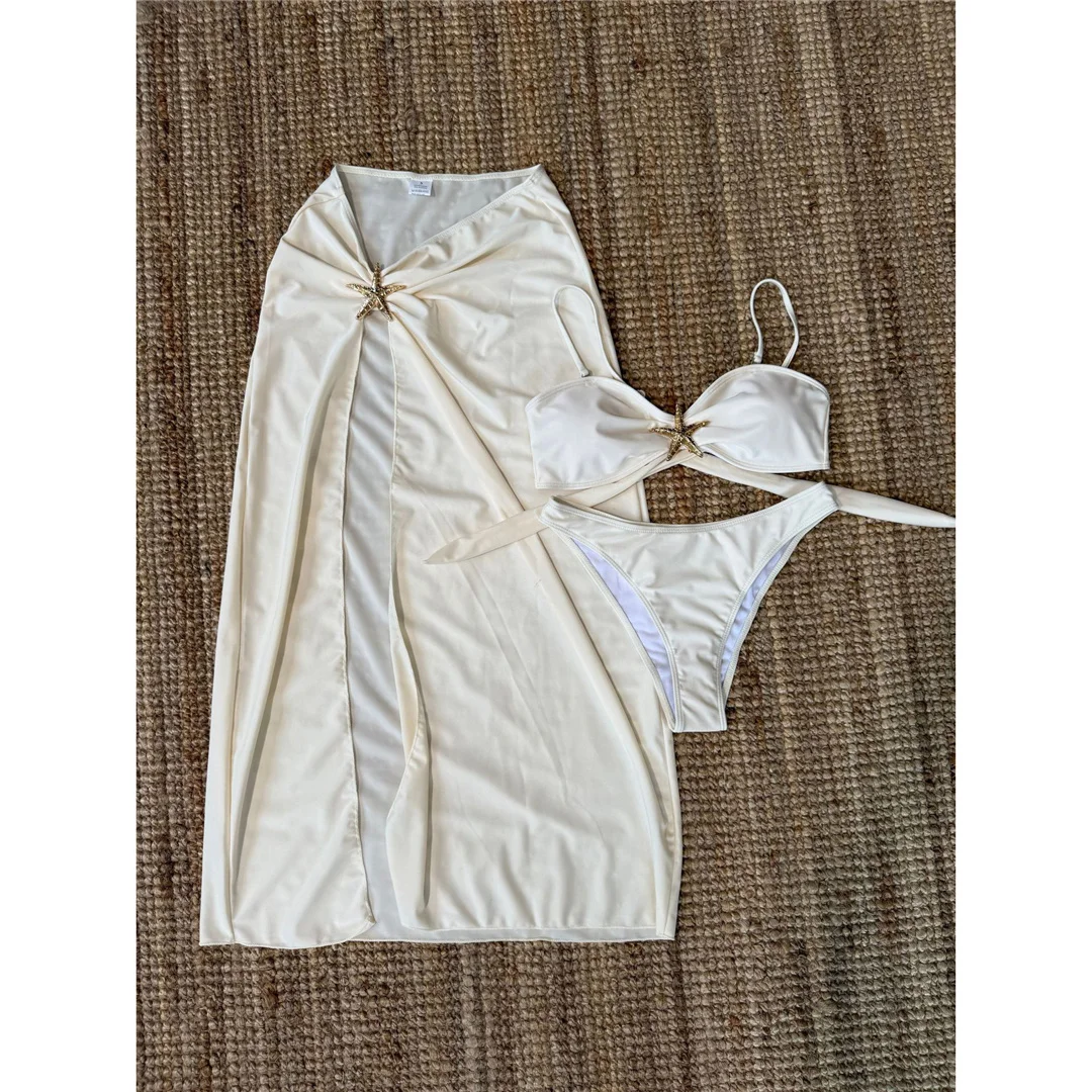Metall-Stern-Bikini, Damen-Badeanzug, dreiteiliges Bikini-Set mit Rock, brasilianischer Badeanzug, Badebekleidung, Modell V7104C. – Detail 14