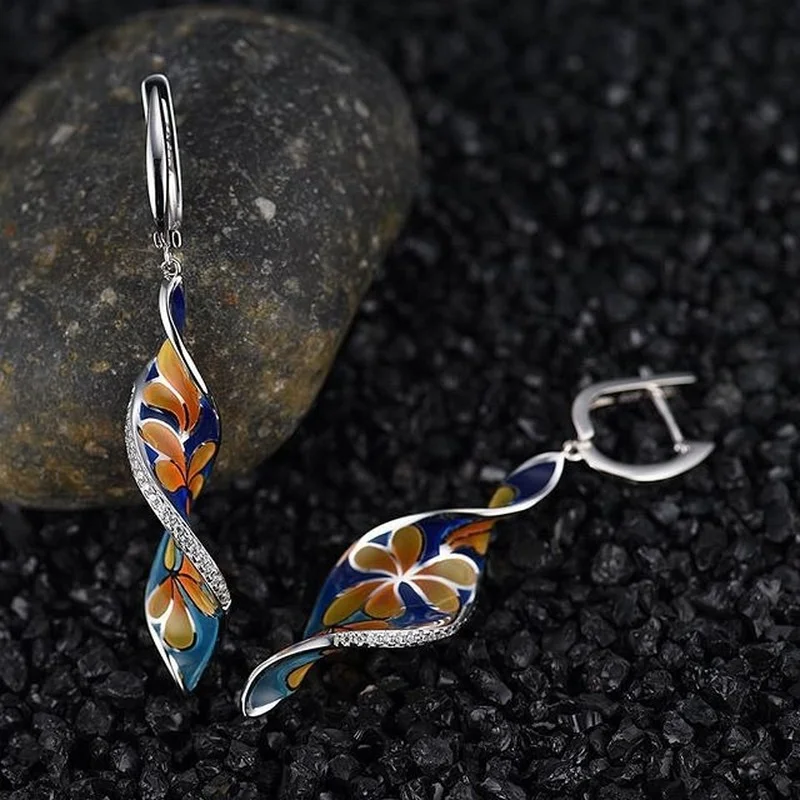 Fashion Creative Spiral Leaf Enamel Cloisonne Flower Long Pendant Earrings