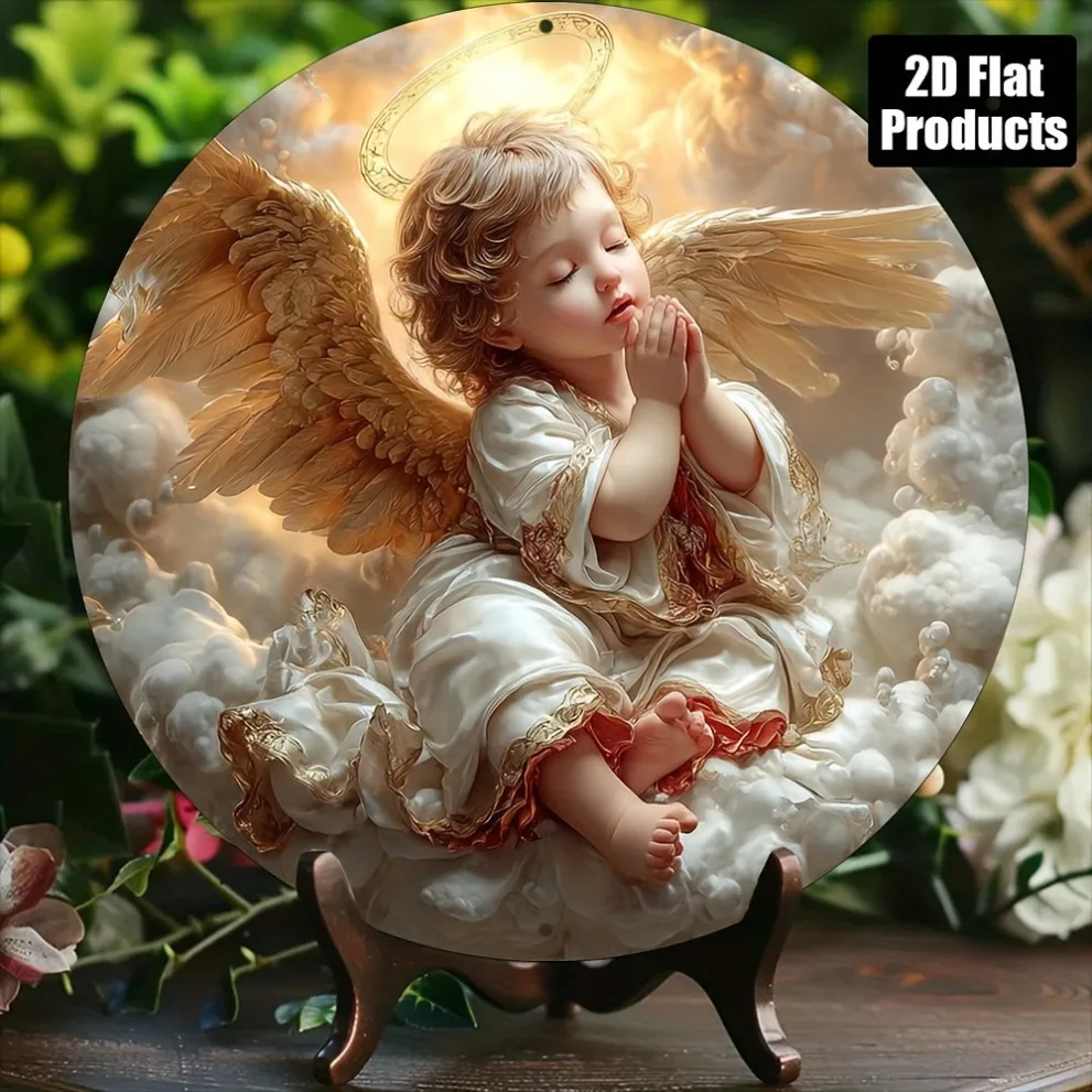 Vintage 8x8in Round Angel Baby Metal Sign, Gold Wings Kitchen Wall Decor