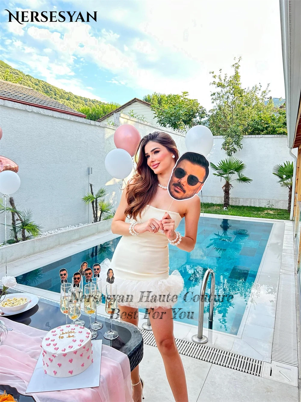 Nersesyan Licht Champagne Elegante Galajurken Off Schouder Tule Ruches Mini Feestjurk Satijn 2025, Galajurken Op Maat