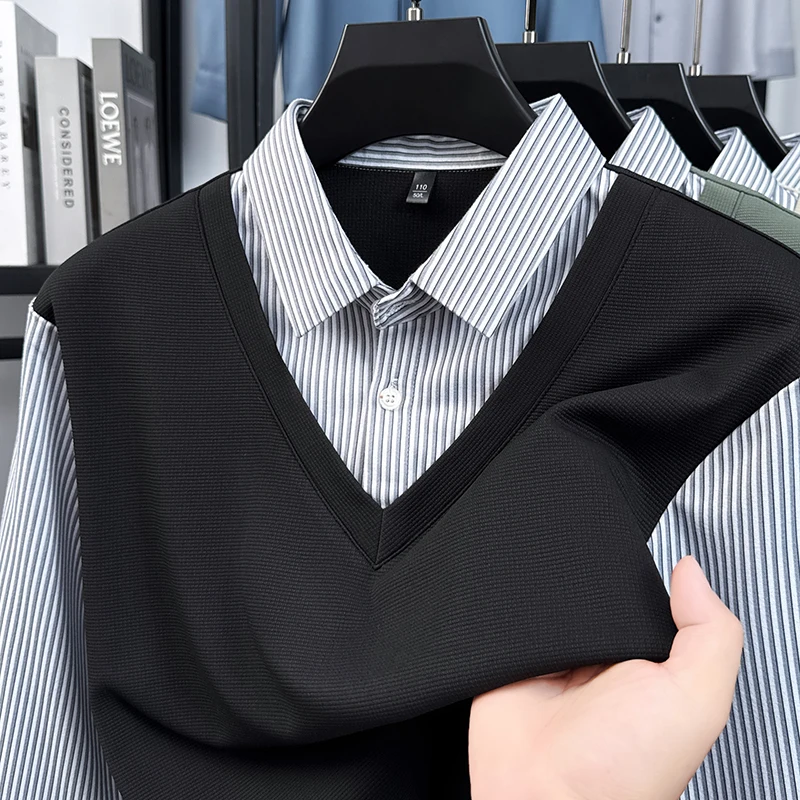 

Men's V-Neck Fake Two Piece Knit Sweater Shirt Collar Long Sleeve Autumn Winter Gentleman Style Business Casual Quality Menswear