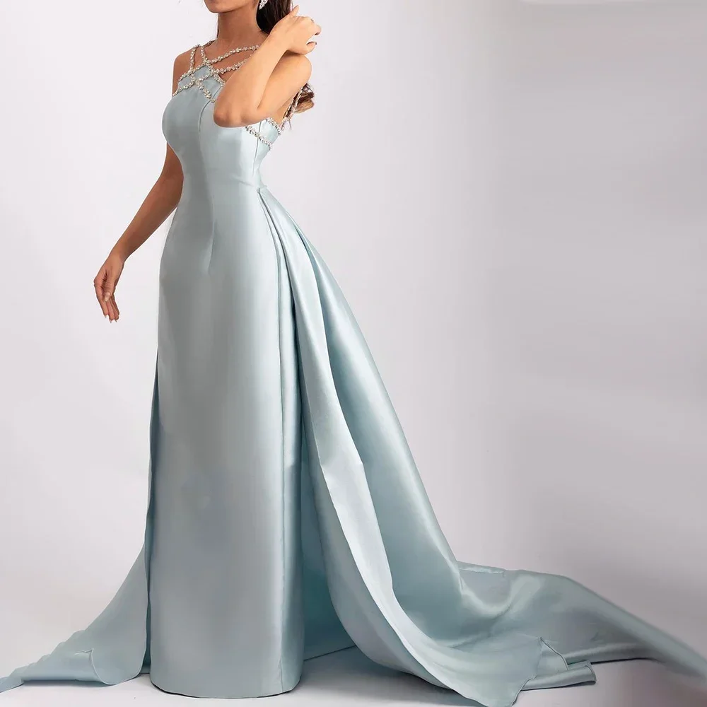 

Sharon Said Elegant Light Blue Satin Arabic Evening Dress for Weeding Overskirt Formal Party Gowns SF048 Customized