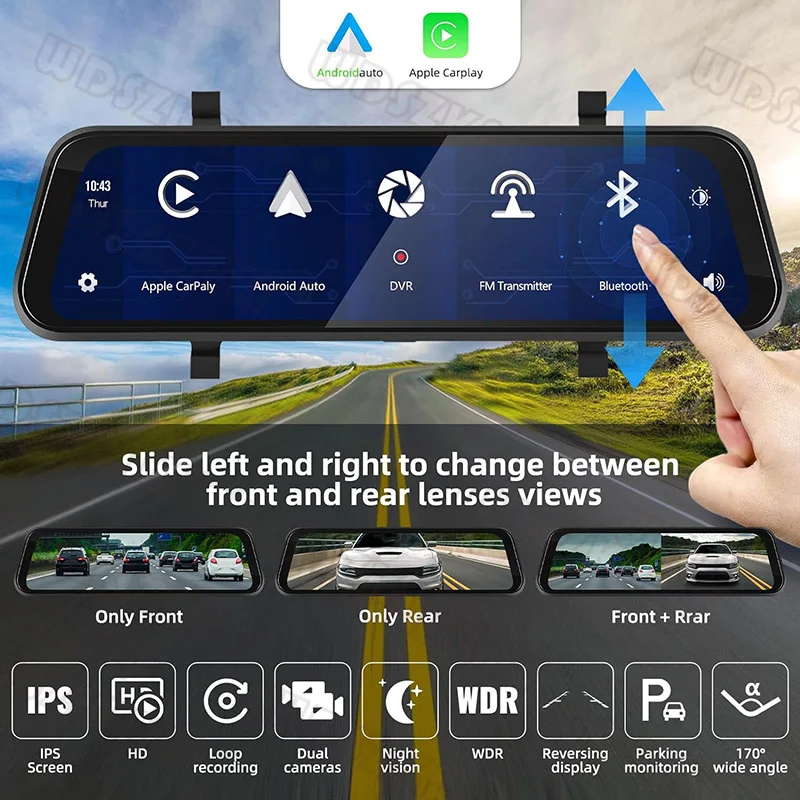 10inch Mirror Car DVR 4K Dash Cam for Cars Touch Screen Wireless Carplay Android Auto Front and Rear Camera for Vehicle WIFI MAP