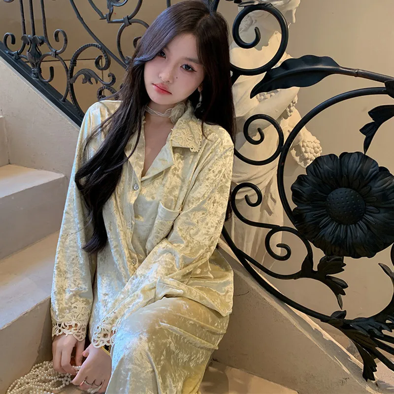 

Теплый золотой бархатный женский пижамный комплект, осенне-зимняя одежда для сна, пижама высокого качества, плотная ночная рубашка, женская домашняя одежда для отдыха