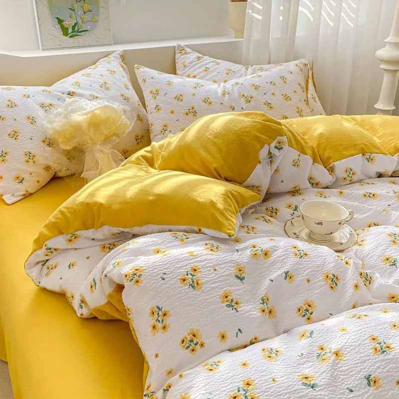 Ins Floral Bedding Set Yellow Flower Duvet Cover No Filler Pillowcase Flat Sheet Kids Adult Single Double Size Bedspread