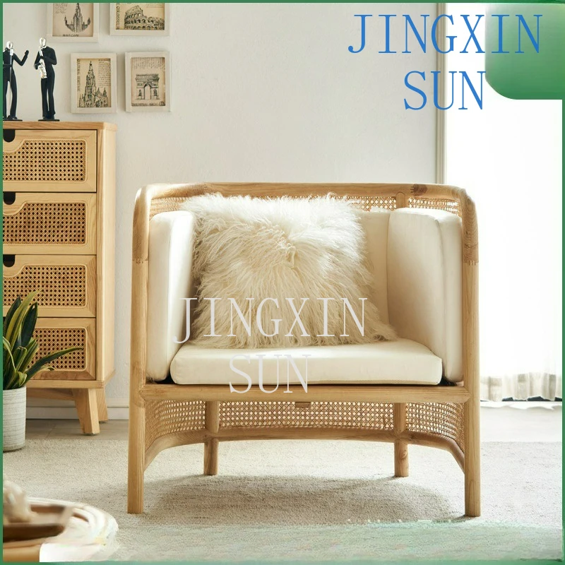 Customizable American fabric single sofa simple modern solid wood rattan chair club living room leisure reception chair lazy
