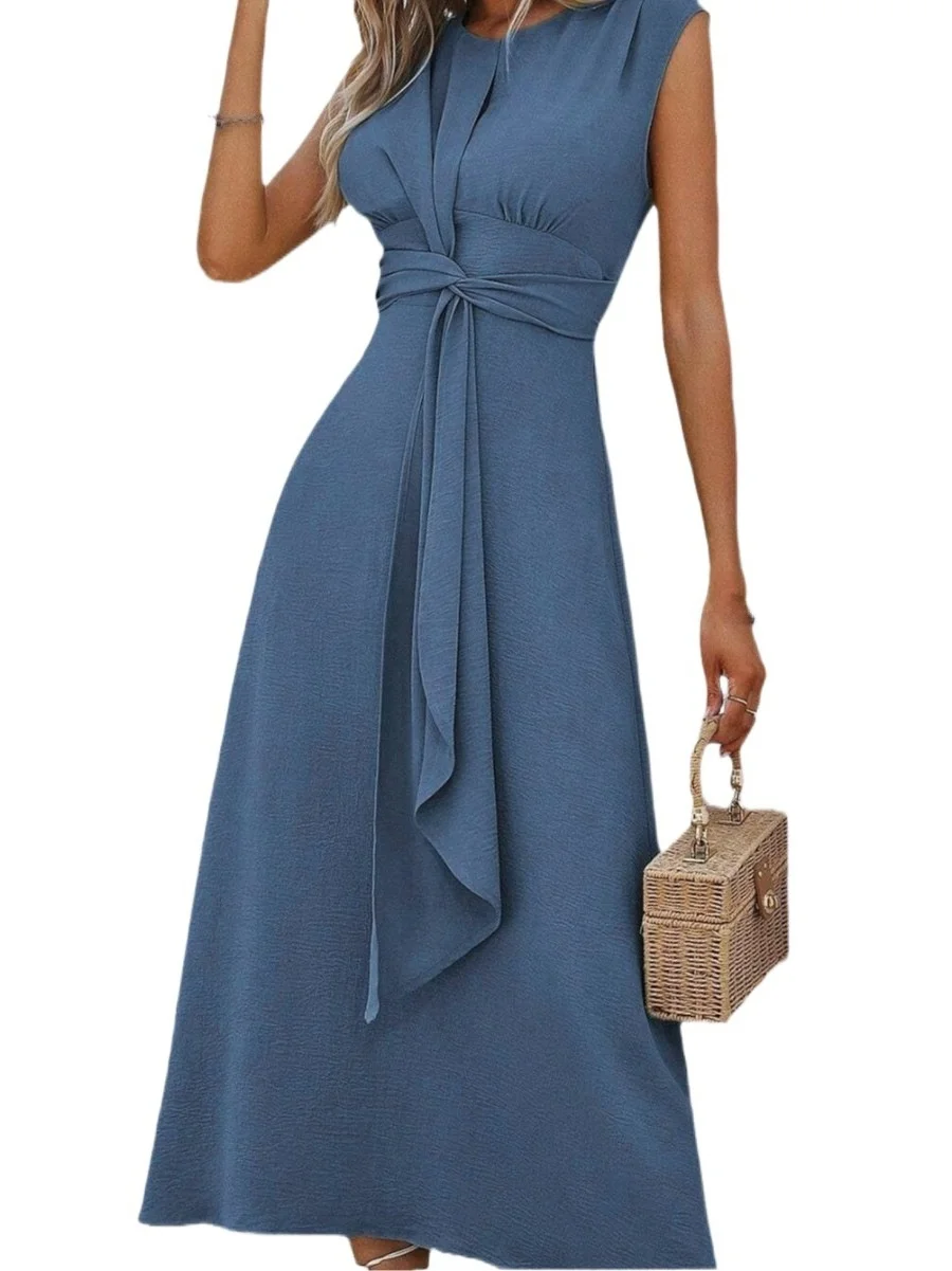 Tie-Detail round Ne Svel Long Dr Pure Color Street Sle Elastic Waist A-Line Skirt Polyester Fiber Summer Dr