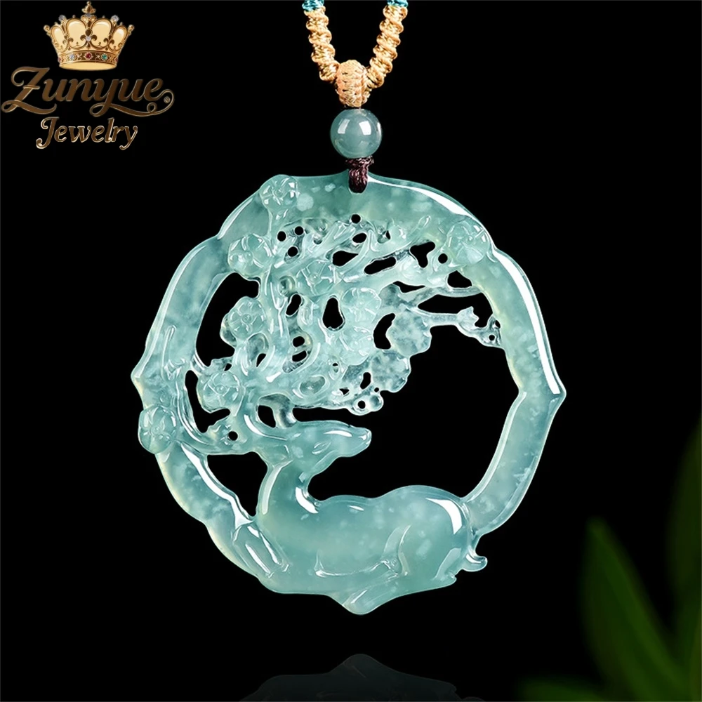 Natural Genuine Blue Water Jadeite Deer-Antler Plum Blossom Pattern Pendant Luxury Quality Jewelry Exquisite Charms Popular Gift