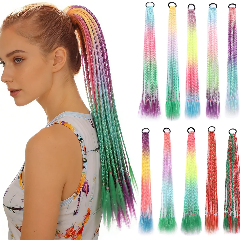 

24 Inch Ponytail Synthetic Hair Braided Ponytail Extension Easy Wear Hair for Women Hair Gradient Color Gold Silver Shiny
