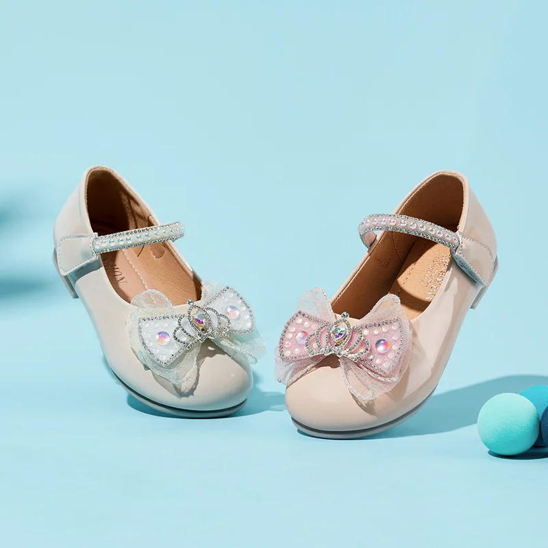 

2023 Children Summer New Girls Shallow Leather Shoes Crystal Shoes Bow Crown Prince Casual Shoes for Party Weeding Shows Britain