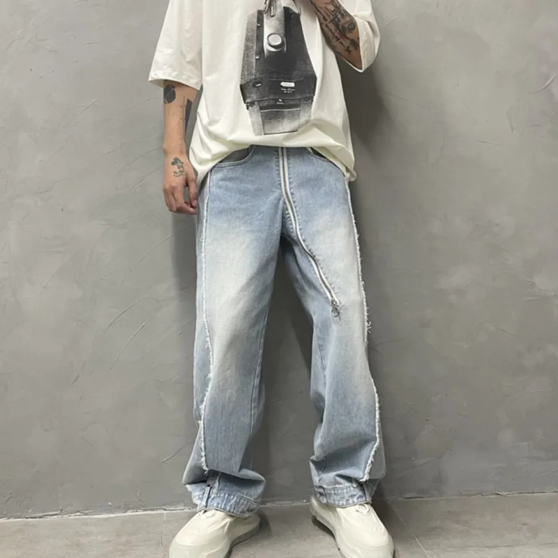 Hip Hop Trend Profile Stitching Jeans Fashion Wash Loose Wide Leg Pants Personality Ruan Handsome Casual Men's Trousers