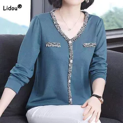 Moda elegante de seda brilhante emendado cor sólida camiseta roupas femininas comutar casual v-neck botão pullovers topos primavera