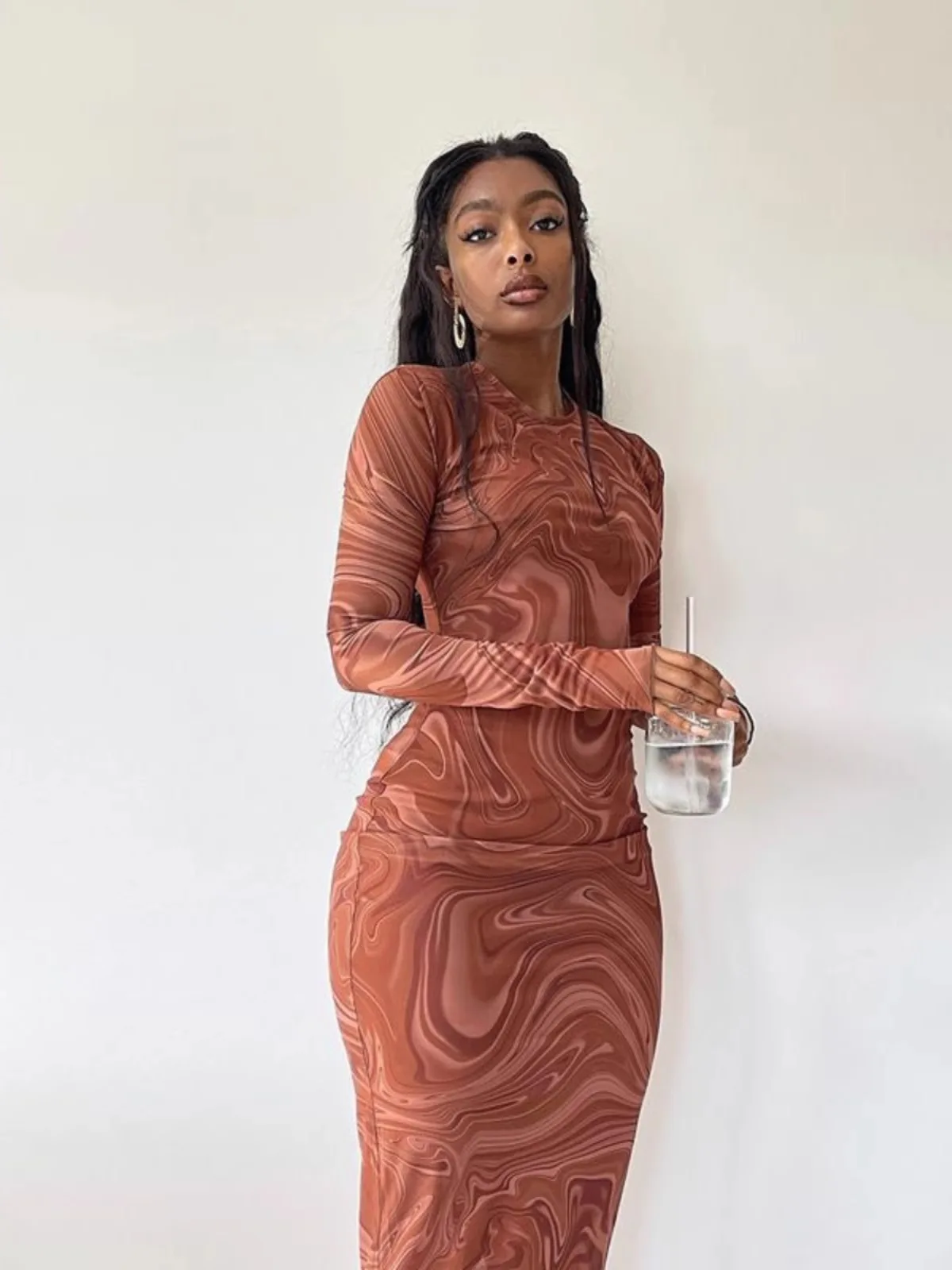 

European And American Style Printed Jumpsuit Women'S Spring And Autumn Retro Round Neck Slim Fit Long Skirt