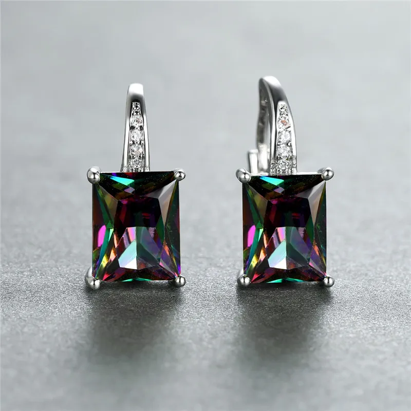 Female Luxury Crystal Hoop Earrings Multicolor Zircon Square Stone Earrings Boho Silver Color Engagement Earrings For Women Gift