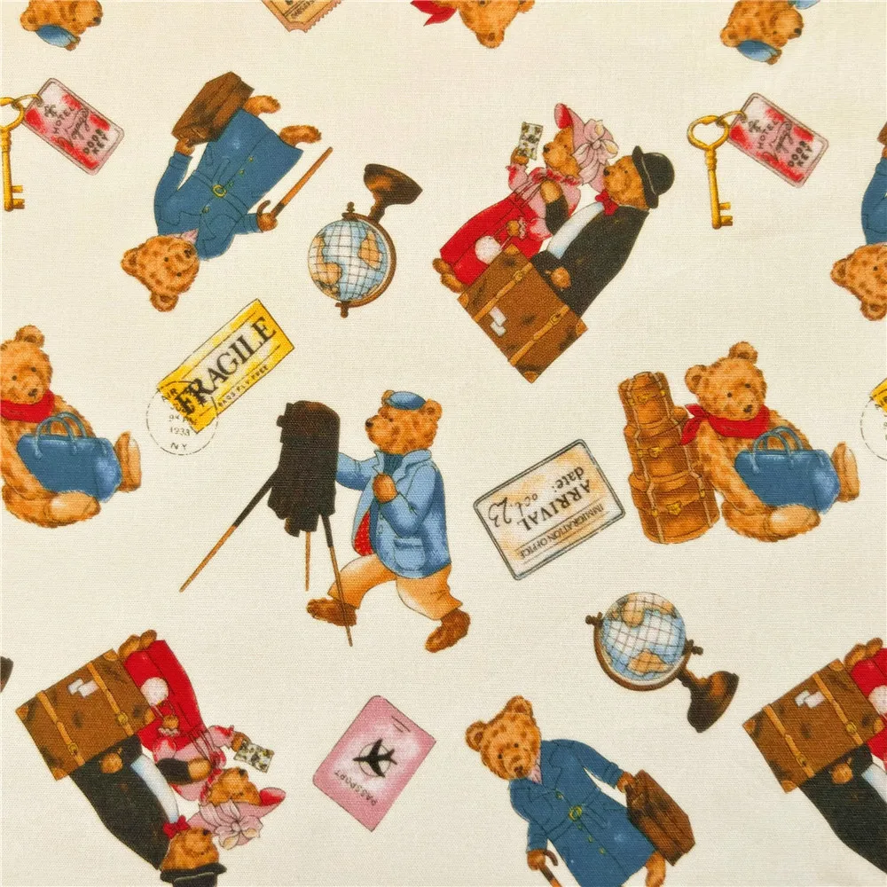 vintage Travel Bear pattern cotton fabric plain dress fabric handmade DIY curtain tablecloth