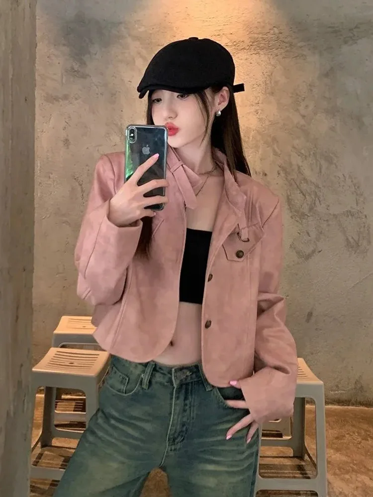 Zoki-Blouson en similicuir PU rose pour femme, streetwear, vintage, à manches longues, décontracté, américain, Harajuku, motard, rétro