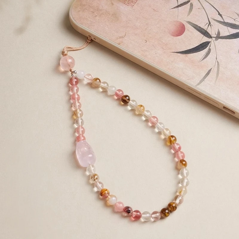 

Натуральный арбузный кварцевый ремешок для телефона с подвеской для девочек, розовый кристалл, ремешок для мобильного телефона на удачу, веревка ярких цветов