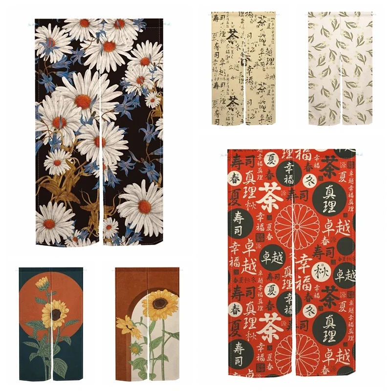 Japanese Velcro Noren Door Curtains Sunflower Sushi Pattern Izakaya Linen Doorway Curtain Kitchen Entrance Hanging Half Curtains