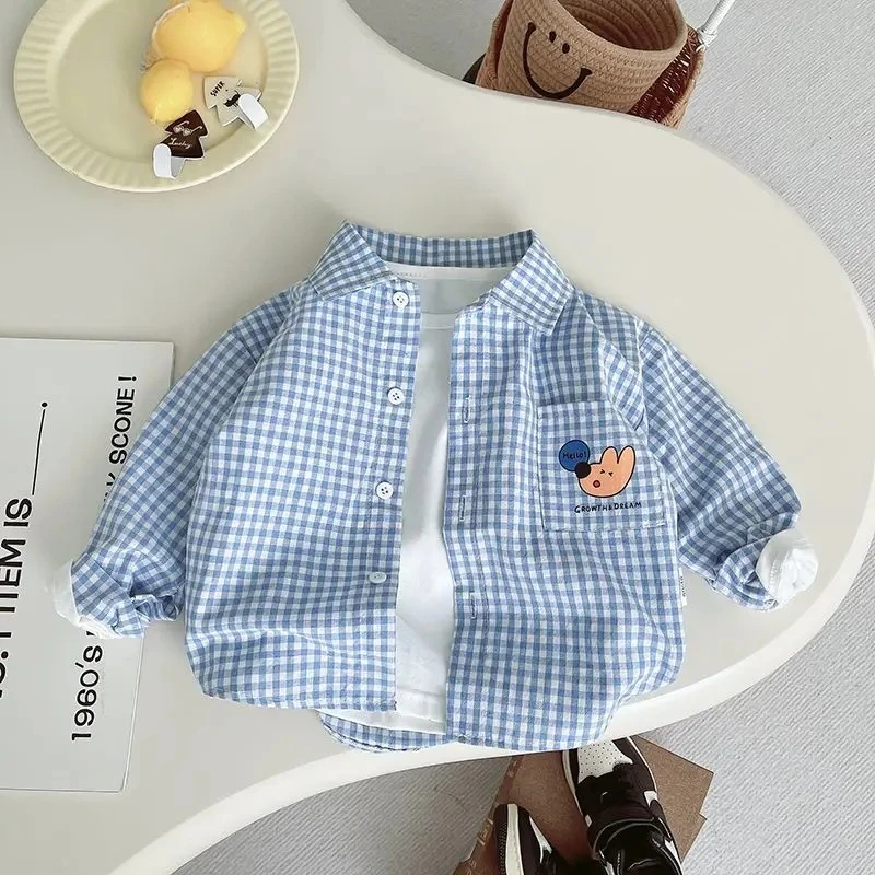 

Korean Spring Summer Plaid Shirt for Children Baby Boys Cotton Long Sleeves Cartoon Brother Clothes1-5Y Toddler Boy Thin Top