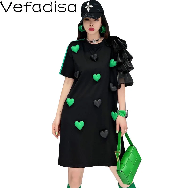 

Vefadisa Women Petal Sleeve Dress Loose Heart-shaped Stereoscopic Pattern Lace Splicing Irregular Dress Black 2024 Summer LHX834