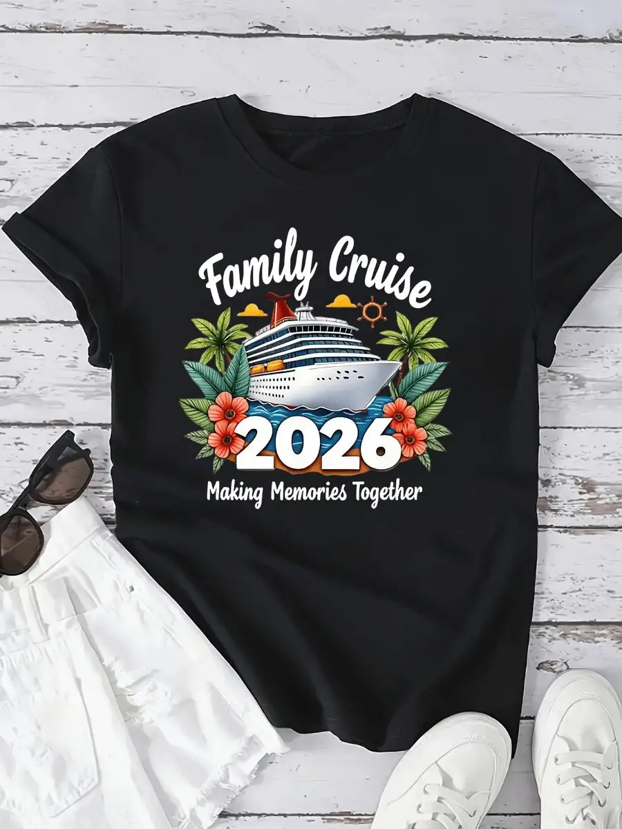 Casual Women s Black Family Cruise 2026 Short Sleeve Round Neck T-Shirt With Cruise Ship Applique.png