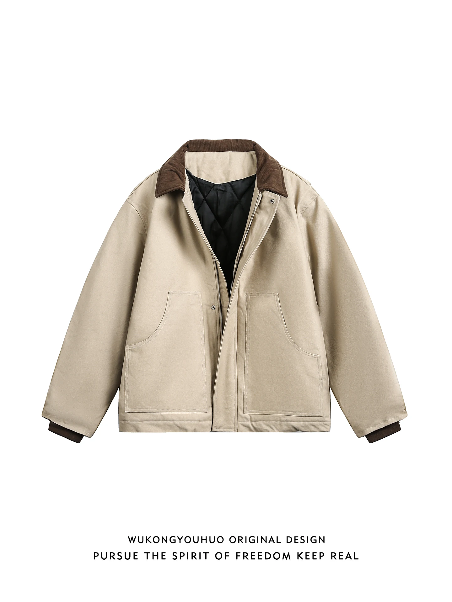 

Модная хлопковая куртка с контрастным воротником, свободного кроя, молодежная, с длинными рукавами, на молнии, однотонная.