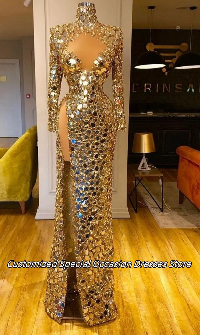 ชุดราตรีทรงเมอร์เมดคอสูงประดับคริสตัลสำหรับผู้หญิง แขนยาวผ่าข้าง เซ็กซี่ หรูหรา สำหรับงานพรอมหรืองานเลี้ยง  รับตัดตามแบบ
