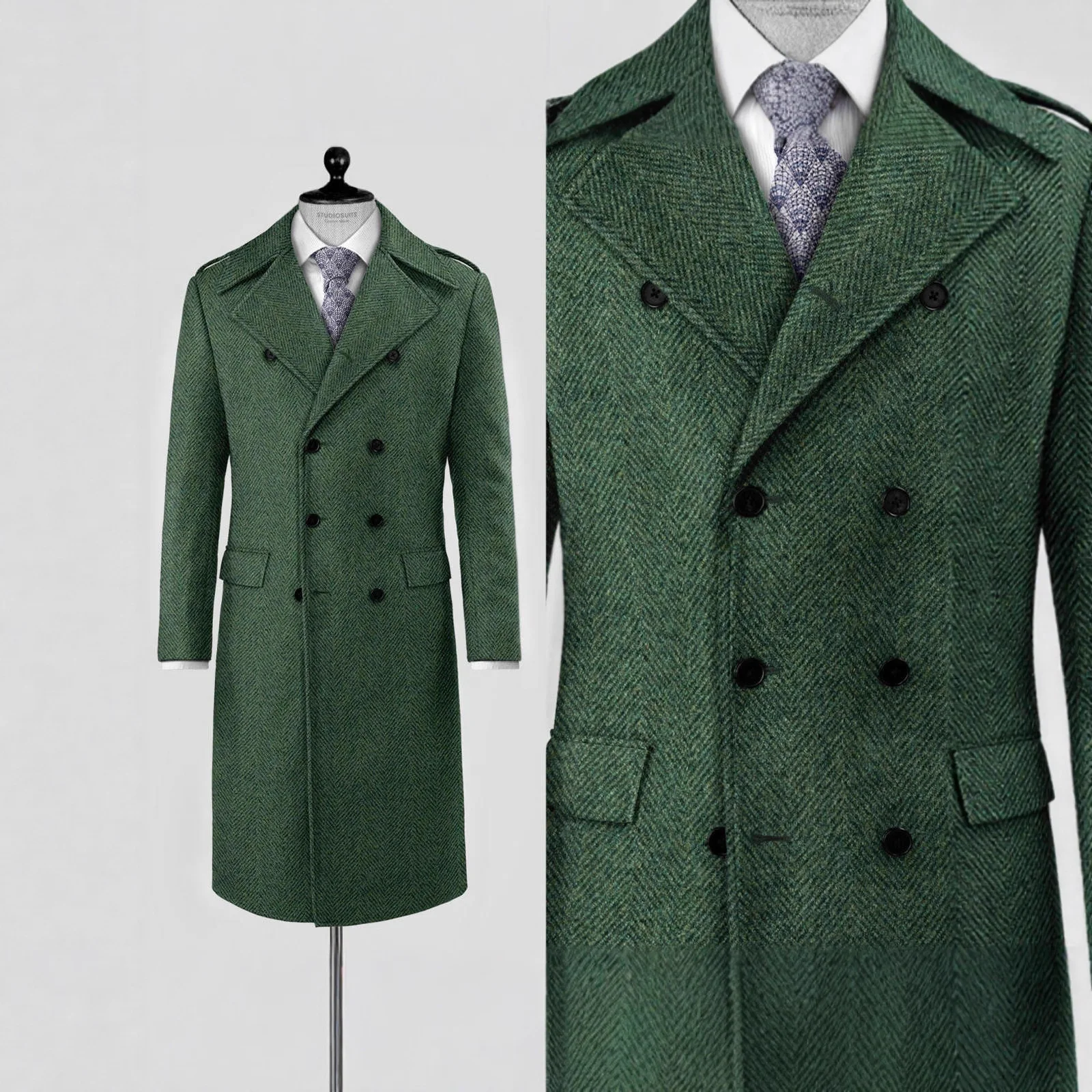 

Высокое качество, мужское зеленое двубортное длинное пальто с узором «елочка», деловой повседневный плащ, нежный мужской сценический костюм