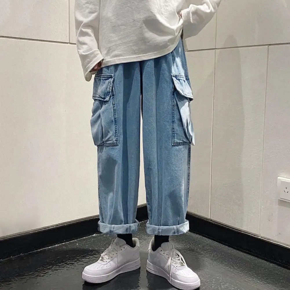 Loose Straight Leg Men Trousers Retro Streetwear Men's Loose Fit Cargo Jeans with Multi Pockets Wide Leg Denim for Summer