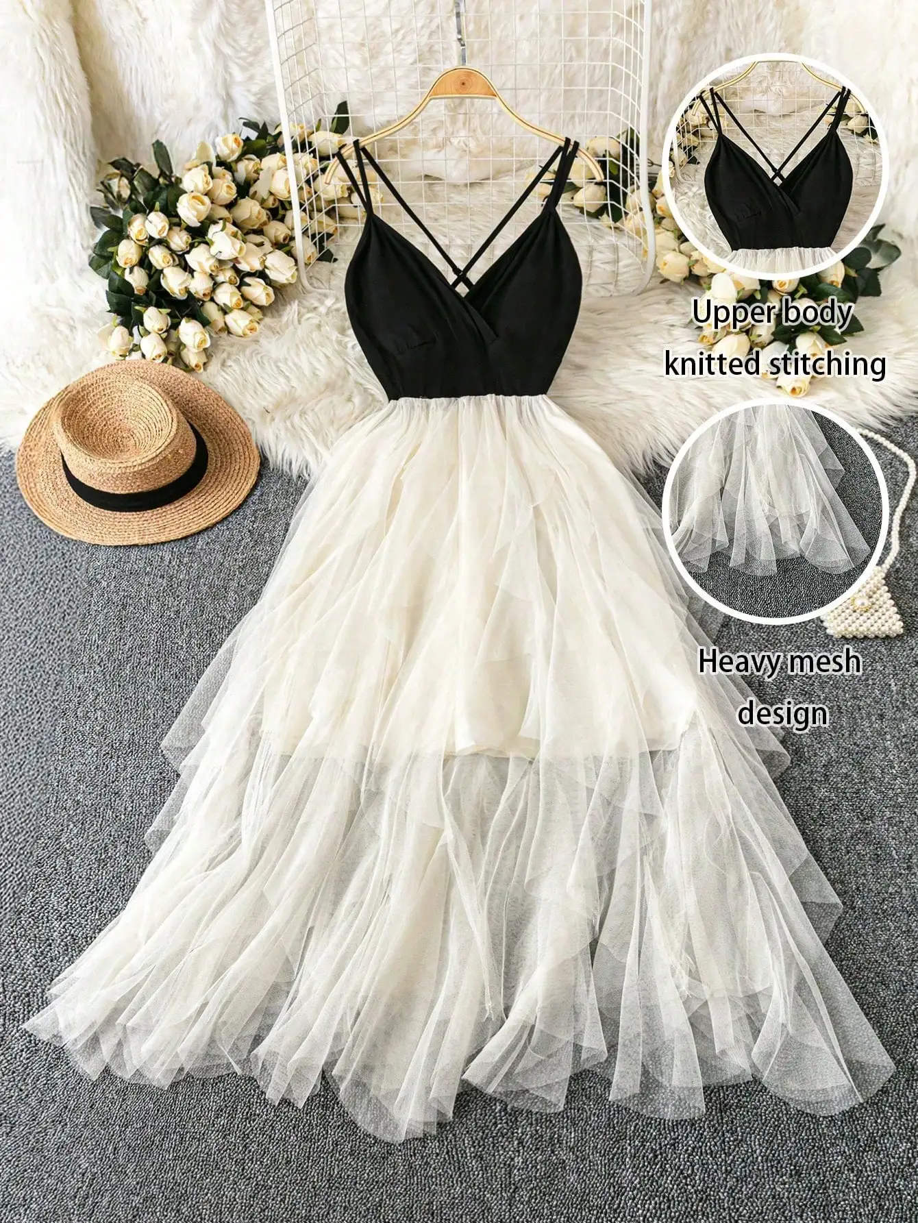 

Black & Ivory Deep V-Neck High Waist Maxi Dress with Mesh Skirt