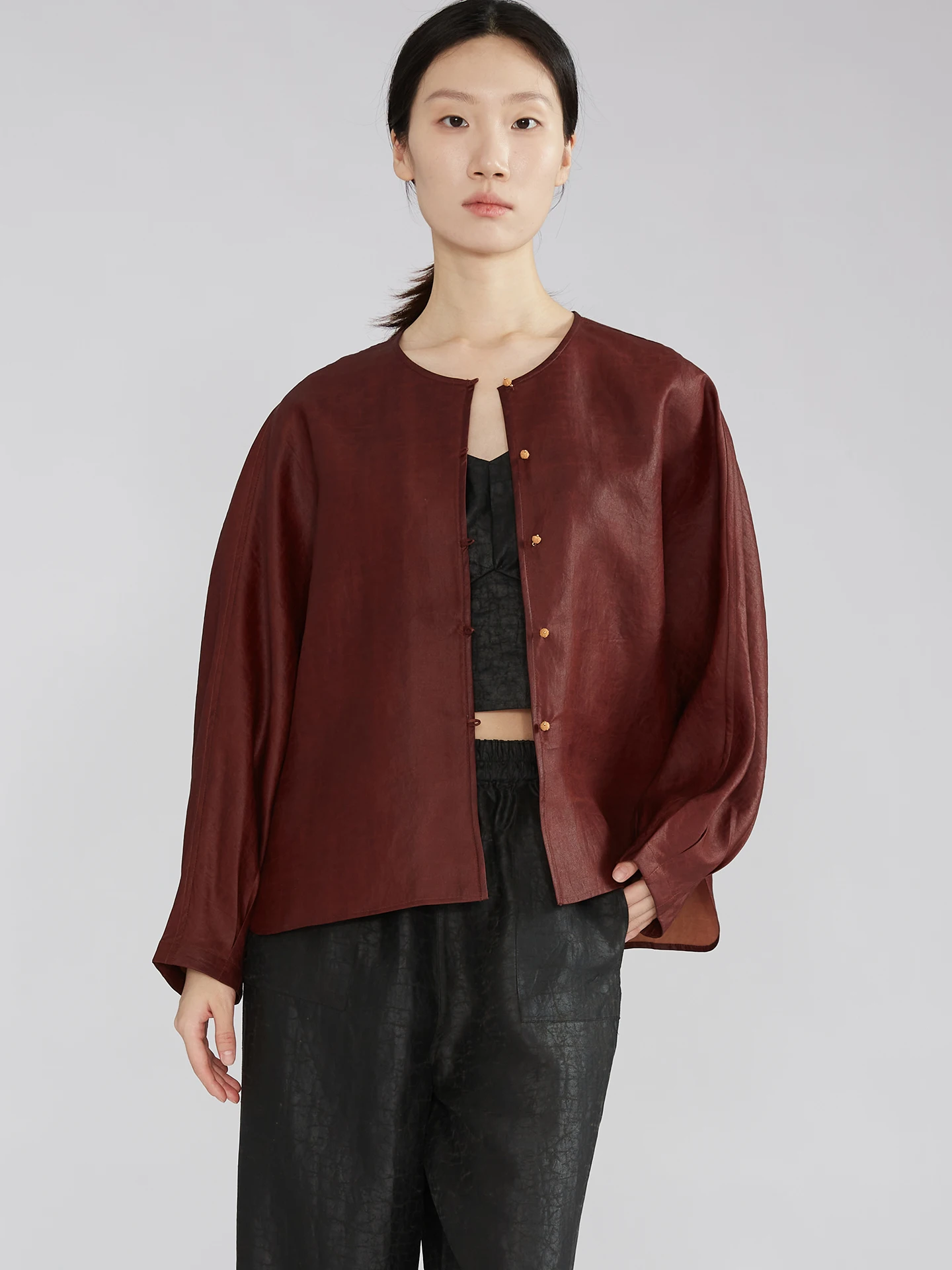 

Silk Double-Sided Wear Single-Button Women's Open Cardigan Top Original Design Loose Fit Long Sve round Ne Spring Outerwear