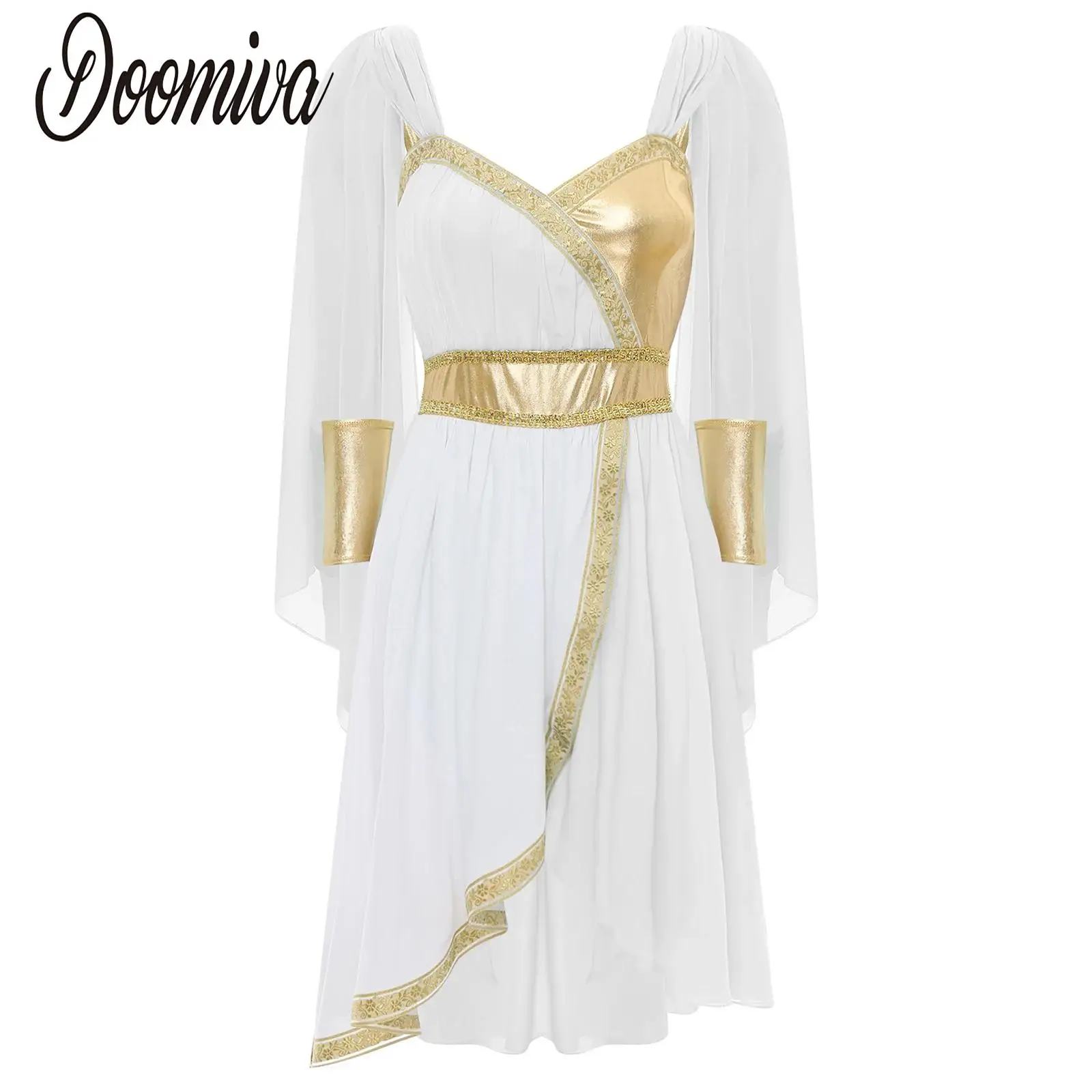 

Women Ancient Greek Queen Athena Costume Cosplay Gown for Halloween Theme Party Roman Toga Chiffon Sleeveless Dress with Cuffs