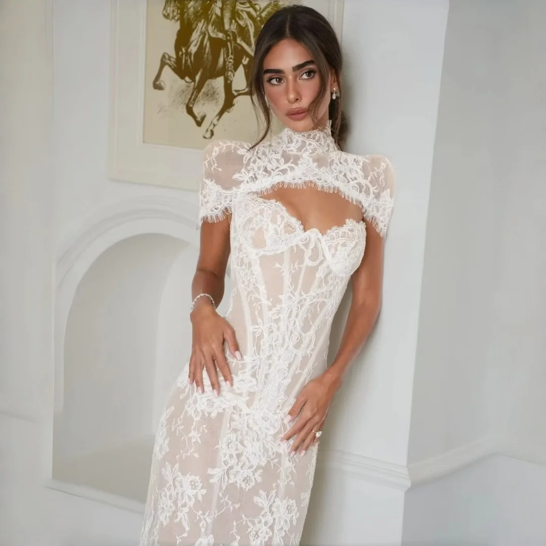 Kyoto Customized White Floral Lace Corset Wedding Dress Detachable High‑Neck Cape Vestidos De Noche Floor-Length Robe De Mariée