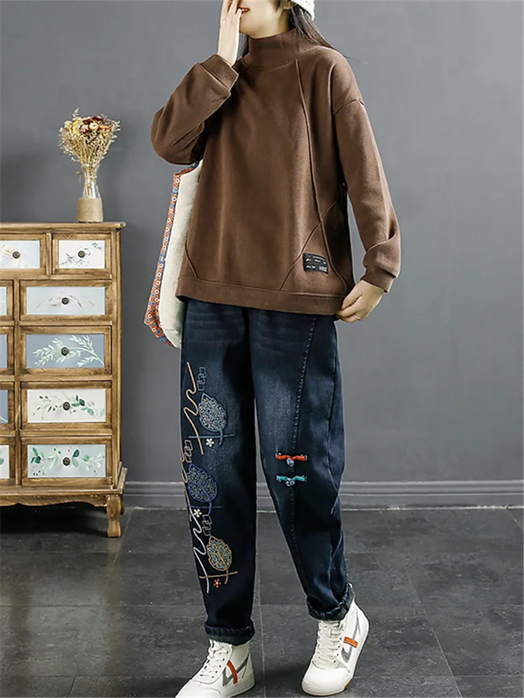 

Winter Korean Fashion Punk Streetwear Women Clothes Printed Blue Warm Jeans Vintage Denim Trousers Fur Harem Pants Pantalones